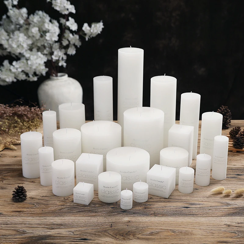 Factory Supply European Style Long Tall Flameless White Pillar Candles Different Sizes Paraffin Cylindrical Candle
