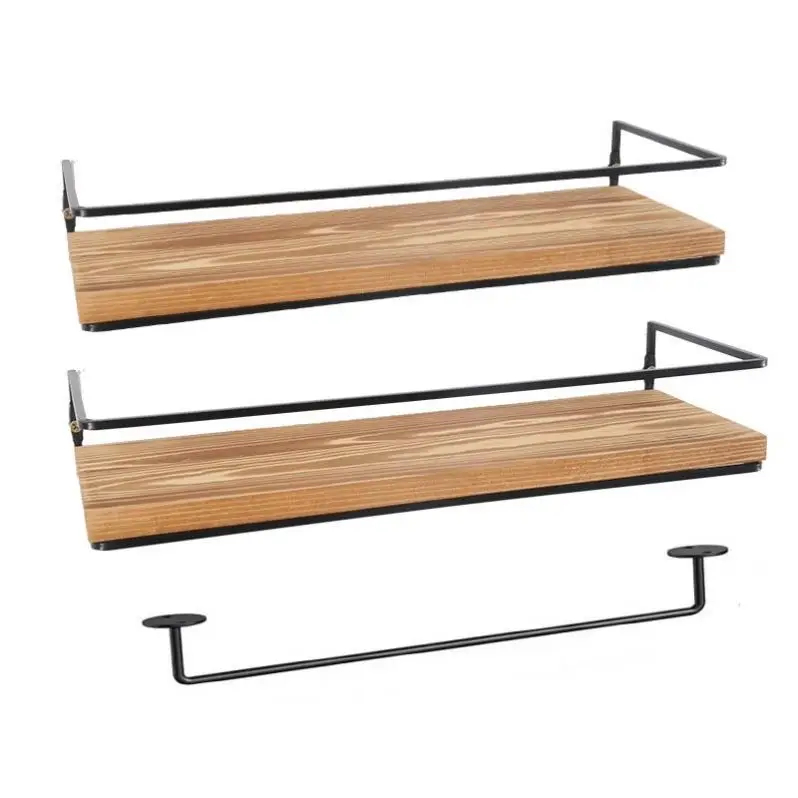 Easy To Install Set Of 2 Floating Wooden Shelving Wall Mounted Wood Shelves For Home Decor / Kitchen / Bathroom / Bedroom