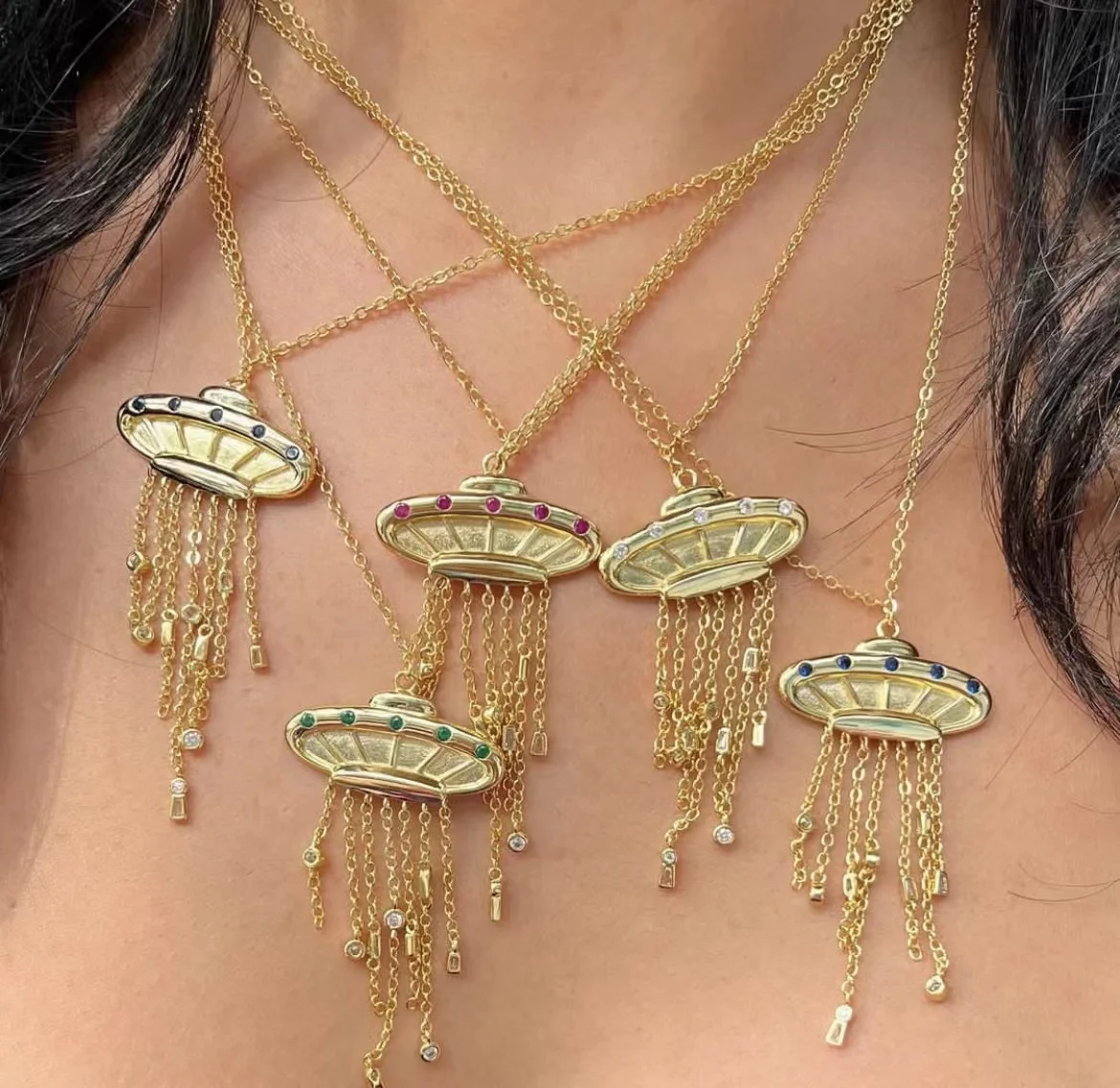 New Spaceship Design 18k Copper Gold Plated With Diamond Tassel Chain Pendant Necklace Multi Color Adjustable Necklace Jewelry