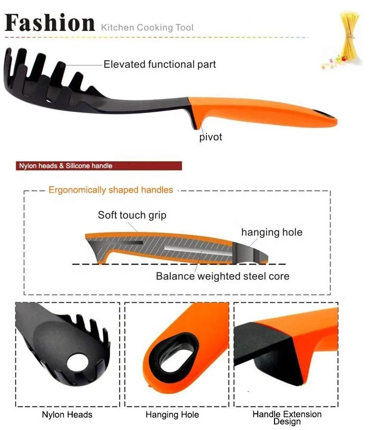 Food Grade Non-stick Heat Resistant Nylon kitchen Cooking Utensil Slotted Spaghetti Spoon Pasta Server