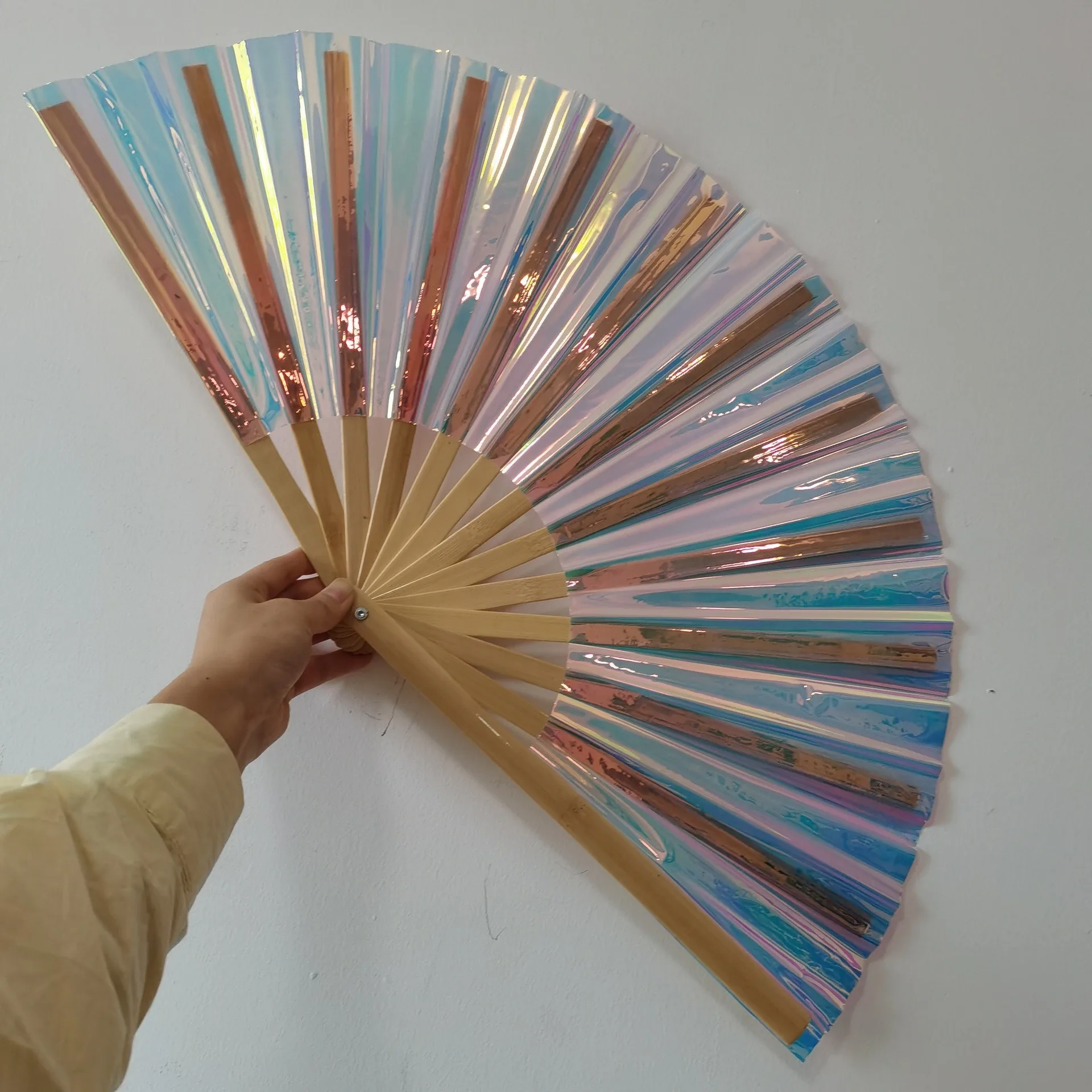 33cm Large Iridescent Holographic TPU Bamboo Folding Hand held Clack Fan for Rave Festivals Party Accessories