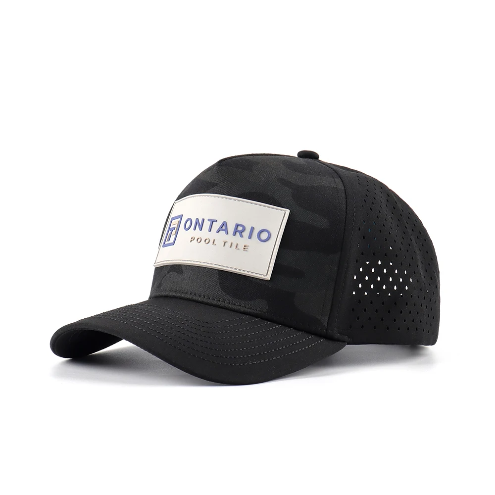 Best quality rubber patch logo custom camo fabric laser perforated hats for men water resistant material caps custom brand logo