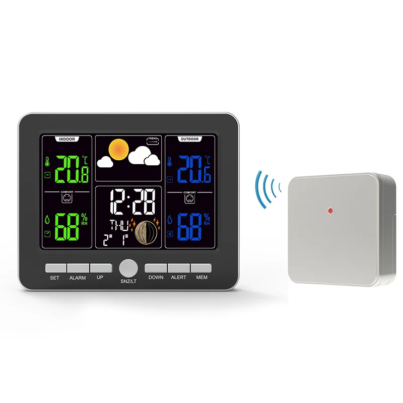 Customized ABS Indoor&Outdoor Smart Table Digital Clock Colorful Display Out Sensor Weather Station Forcast Clock for Home Decor