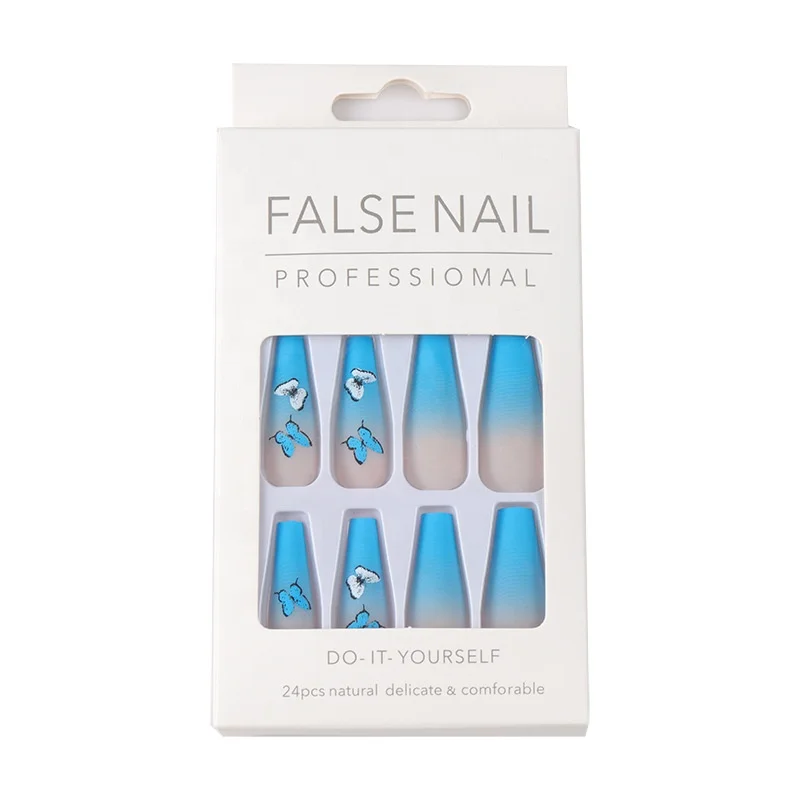 Paso Sico 24pcs/Set Gradient Blue Butterfly Matte Finished Long Ballet Design False Press on Nails for Wholesale Nail Tips Wholesale