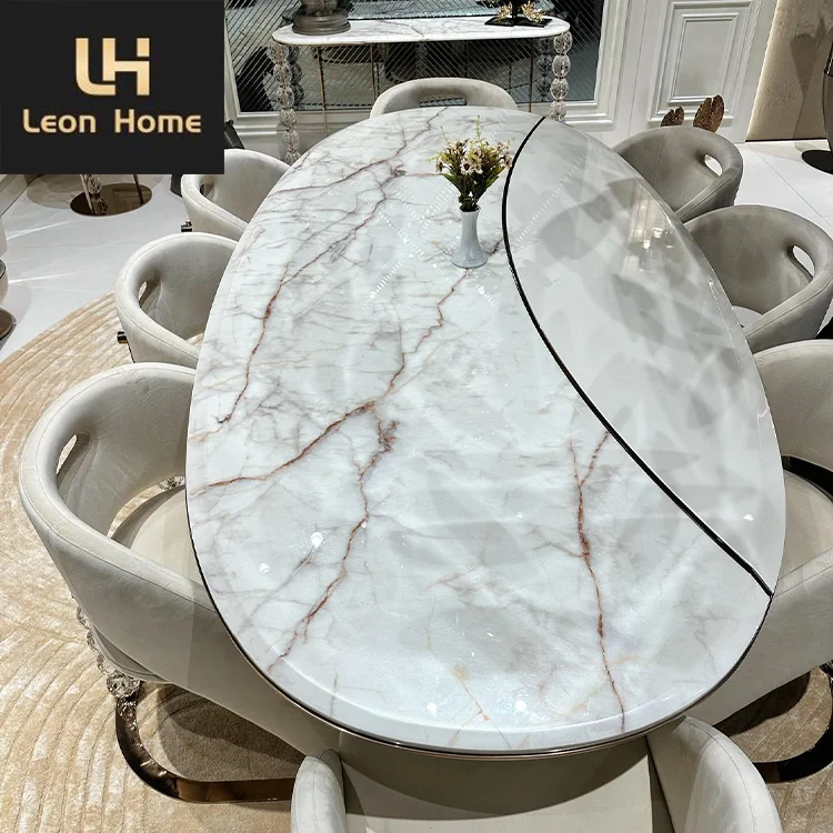 Luxury custom new design wooden oval shape dining table furniture with 8 chair dining table set for villa dining room