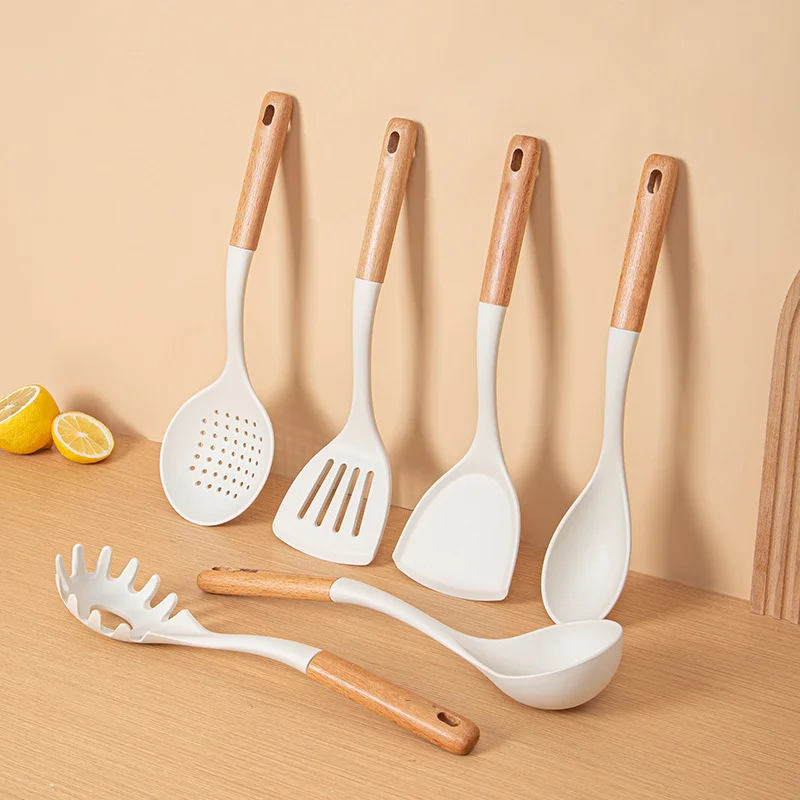 Nonstick Silicone Kitchen Utensils Accessories With Wood Handle 7-Piece Set Spatula & Spoon Cookware Tools Set