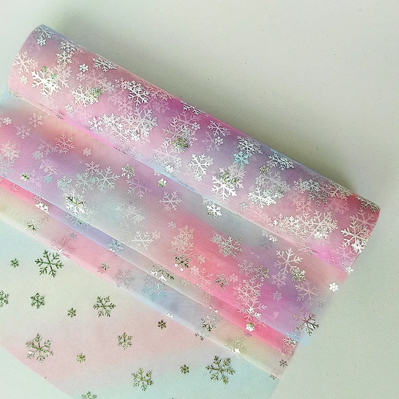 Polyester Tulle Fabric with Rainbow Color Snowflake Bronzing Net Mesh Fabric