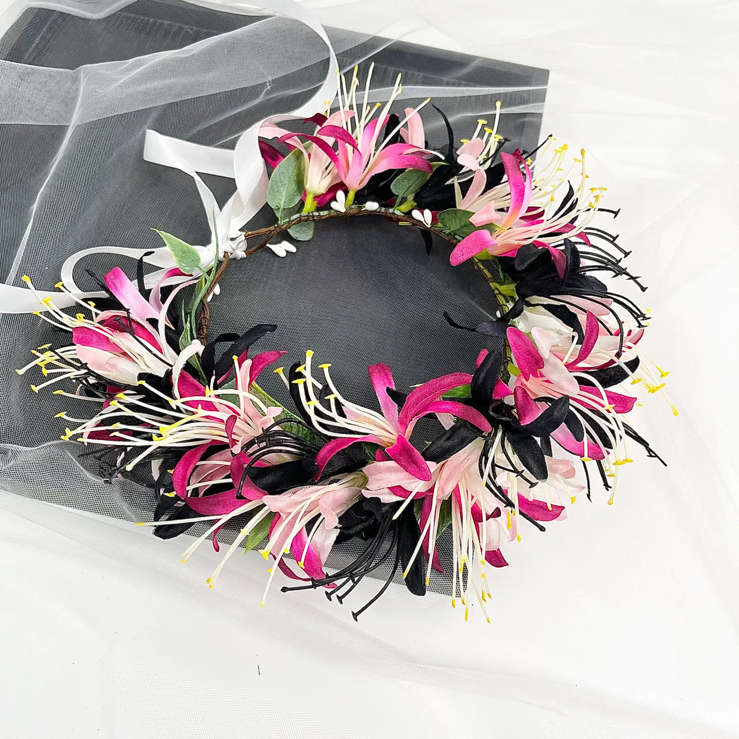 Artificial Spider Lily Headband Hawaiian Haku For Luau Merrie Monarch Polynesian Hula Dance Samoan Fabric Flower Headband Piece