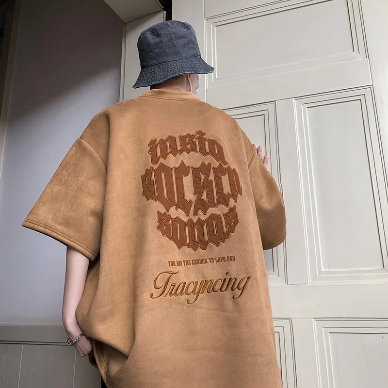 Custom logo vintage shortsleeved mens tee summer loose European American high street heavy embroidered suede halfsleeve tshirt