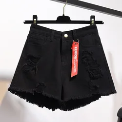 Summer Tassel Ripped Denim Shorts Black White Blue Skinny High Waisted Casual shorts For Women Hole Jeans Short