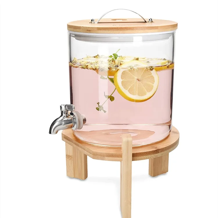 New Glass Beverage Drink Dispensers Juicer Tabletop Fruit Juice Dispensers with Steels Tube Tap Wood Lid