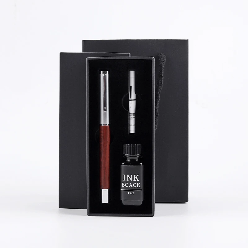 Newest Handmade Heavy Rosewood Pen Fine Nib Metal and Natural Solid Wood Fountain Pen Set with Ink bottles