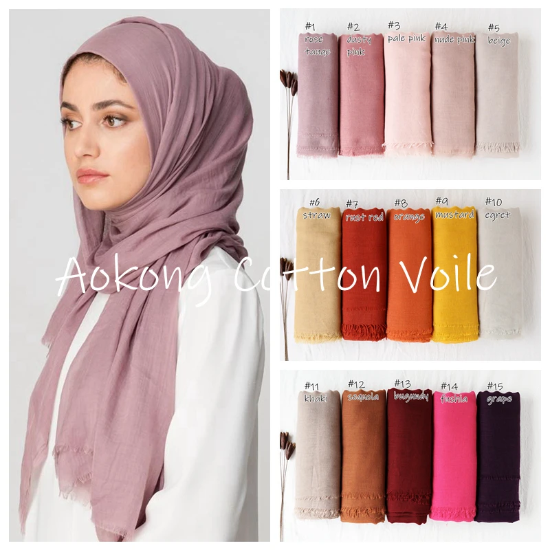 Women latest hijab designs 24 colors hijabs shawls long muslim frayed cotton viscose blend plain voile hijab