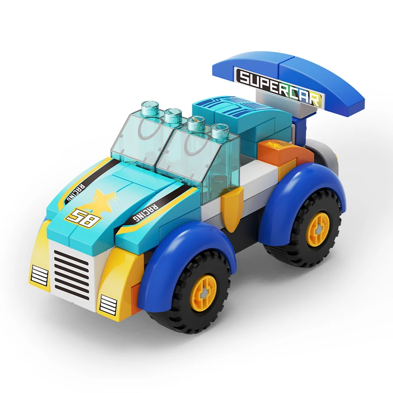 FEELO2024 New 64pcs Racing Car DIY Building Blocks Factory Direct Eco-friendly ABS Plastic Assemble Toys Set Kids