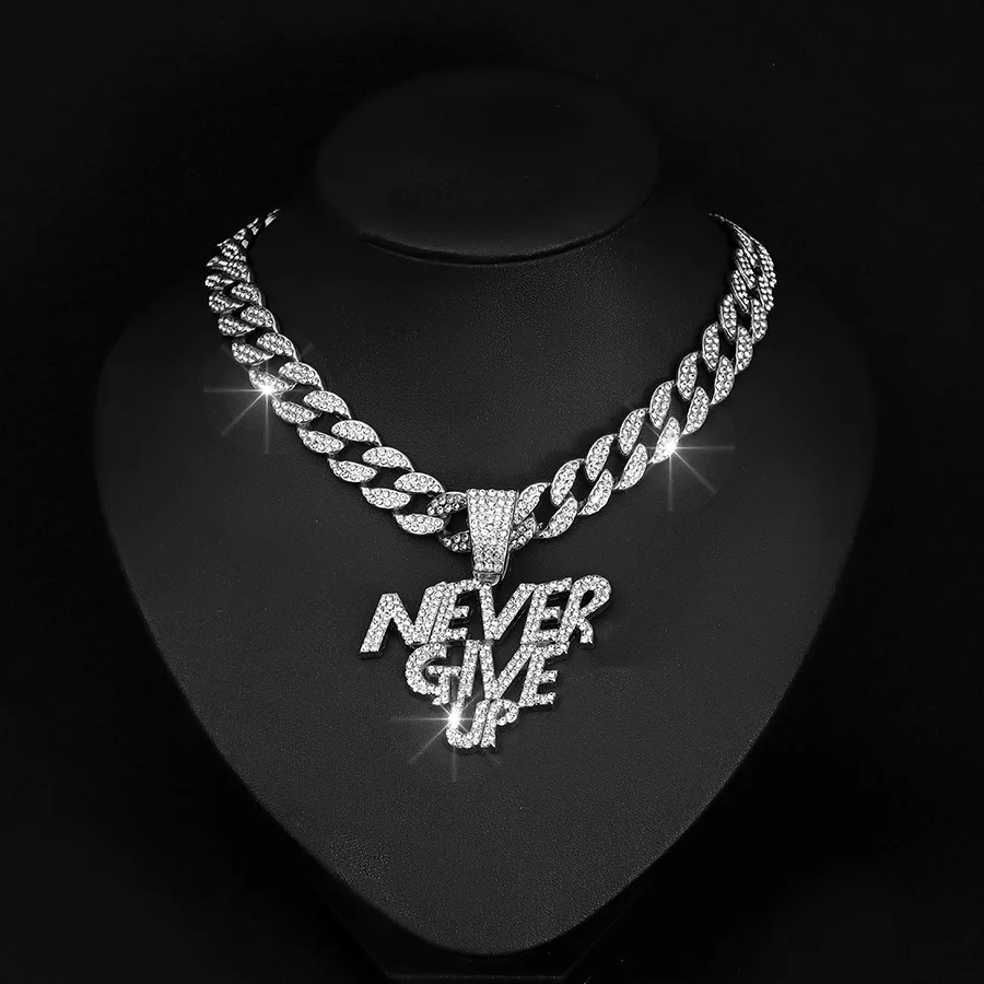 Cross border alloy letters NEVER GIVE UP Punk pendant necklace Hip hop full of diamonds beautiful Cuban chain necklace for men
