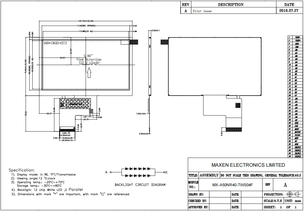China Factory price 5 inch lcd Screen TN 350 nits 480*272 40pin lcd module RGB lcd display