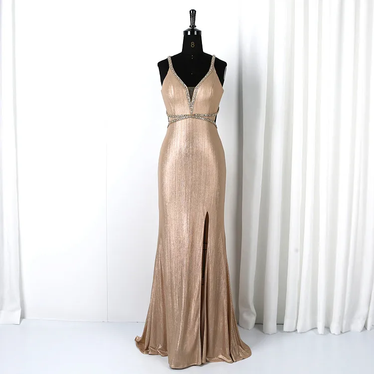 
Wholesale plunging spaghetti strap mermaid beading bodycon slit evening dress sexy prom dresses for girls 