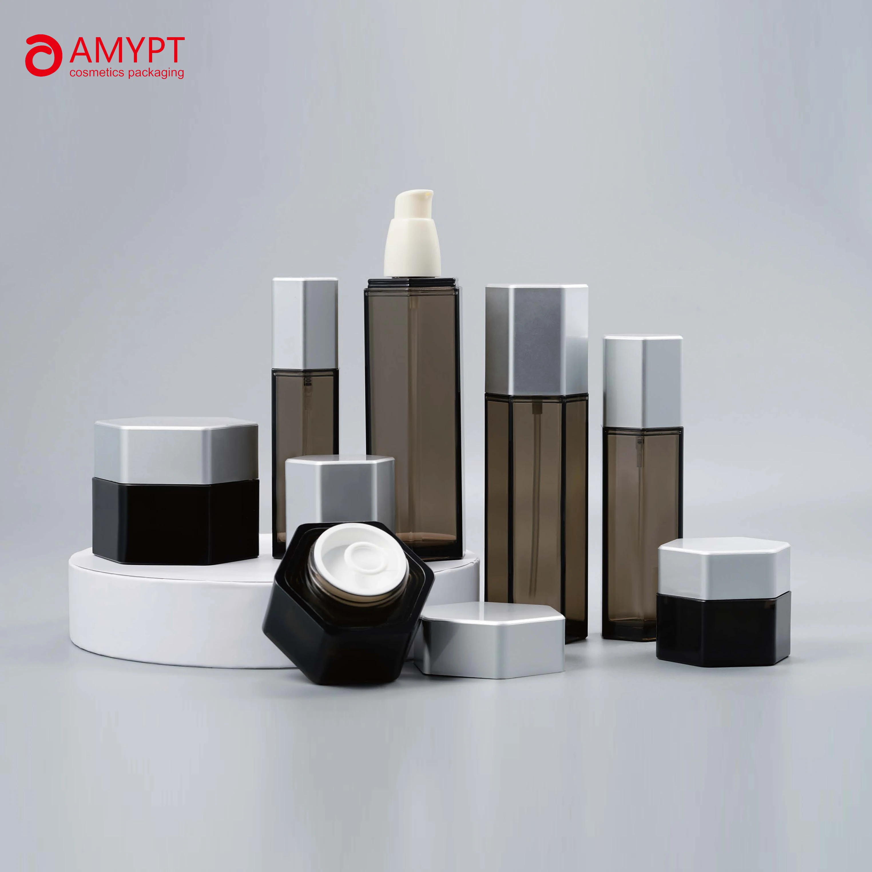 Cosmetic Packaging Custom  PETG  Hexagonal with Pump head  bottle and jar