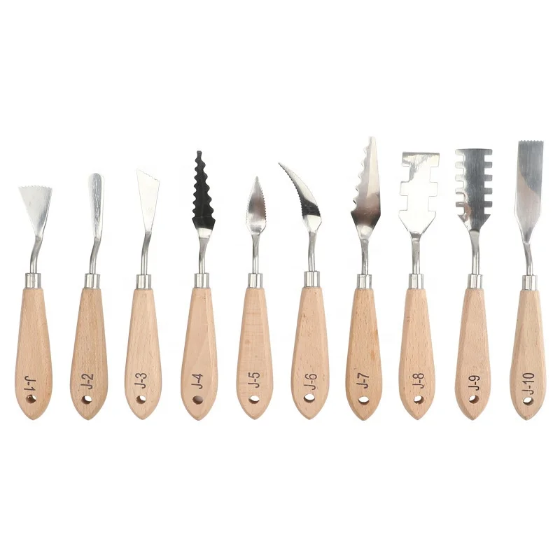 Hot Sale Stainless Steel 10 Size Painting Knife,Art Supplies Palette Wooden Scraper Spatula