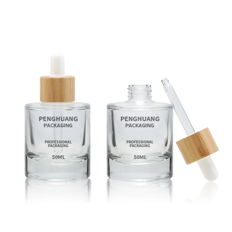 Luxury Cosmetic Packaging Clear Glass Face Serum Dropper Essential Body Oil Bottle with Bamboo Lid Dropper Serum Bottles