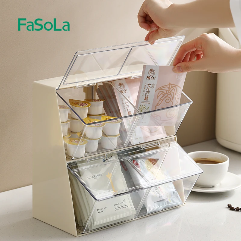 FaSoLa Plastic Tea Bag Organizer Storage Box 2-4 Compartments Tea Chest Box with Lid Tea bag holder For Counter tops Office