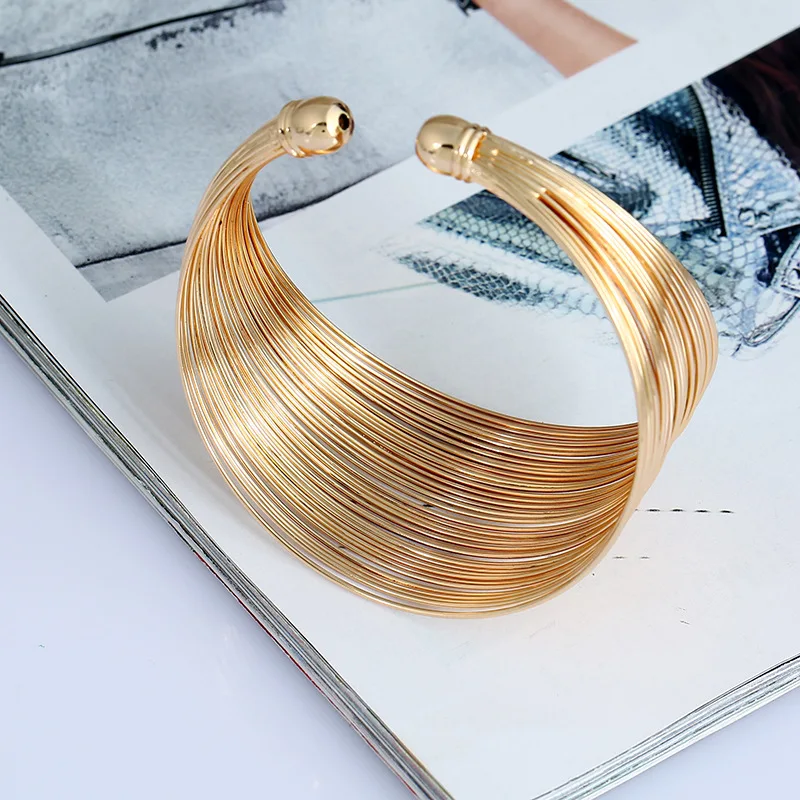 Punk Multilayer Iron Wire Wrap Open Bangle Wide Cuff Bracelet For Women Jewelry Metal Black Gold Silver Color Bangle Female