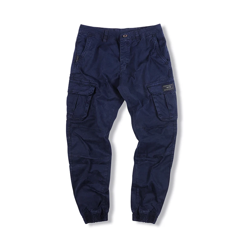 Vintage washed pure cotton mens pants multi-pocket loose casual bunched cargo pants for men