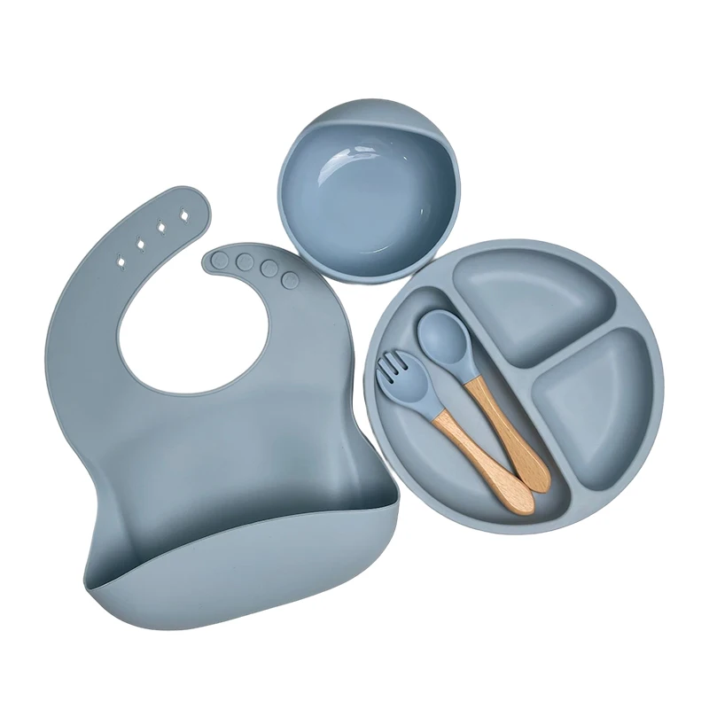 High quality kids Safety Non-toxic Food Grade Bamboo Wooden Kids Handle Baby Feeding Silicone Fork And Spoon Set