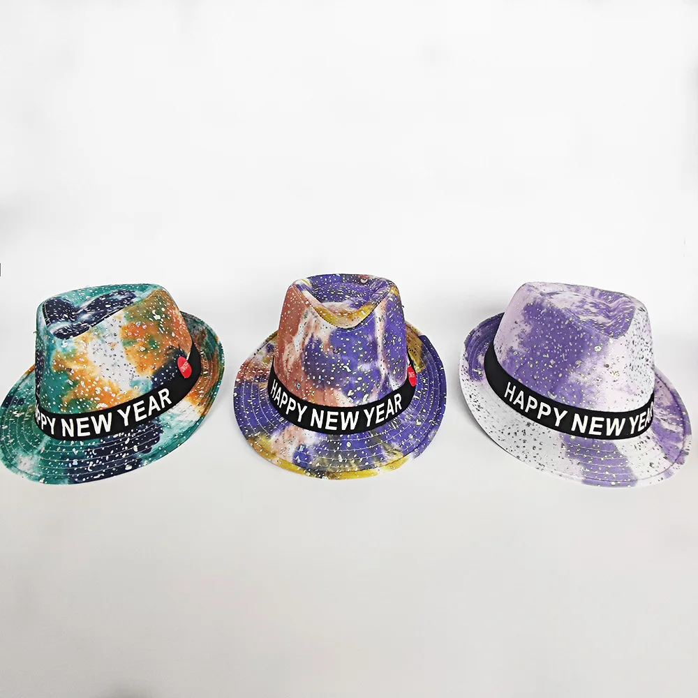 Wholesale Happy New Year LED Luminous Sequin Hats Adult Party Light Up Trilby Hat Festival Carnival Funny Hats