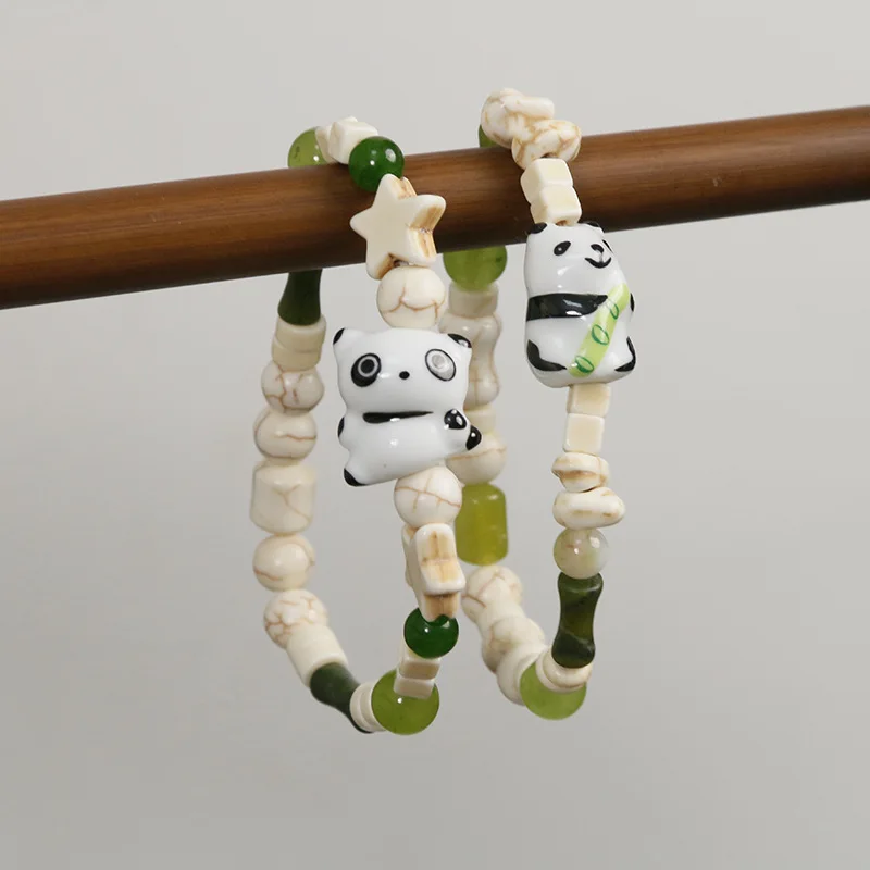 Chinese style Cute  Ceramic Panda Natural Turquoise Beaded Bracelet Fashion Jade  Bamboo Beads Bracelet for Men and Women