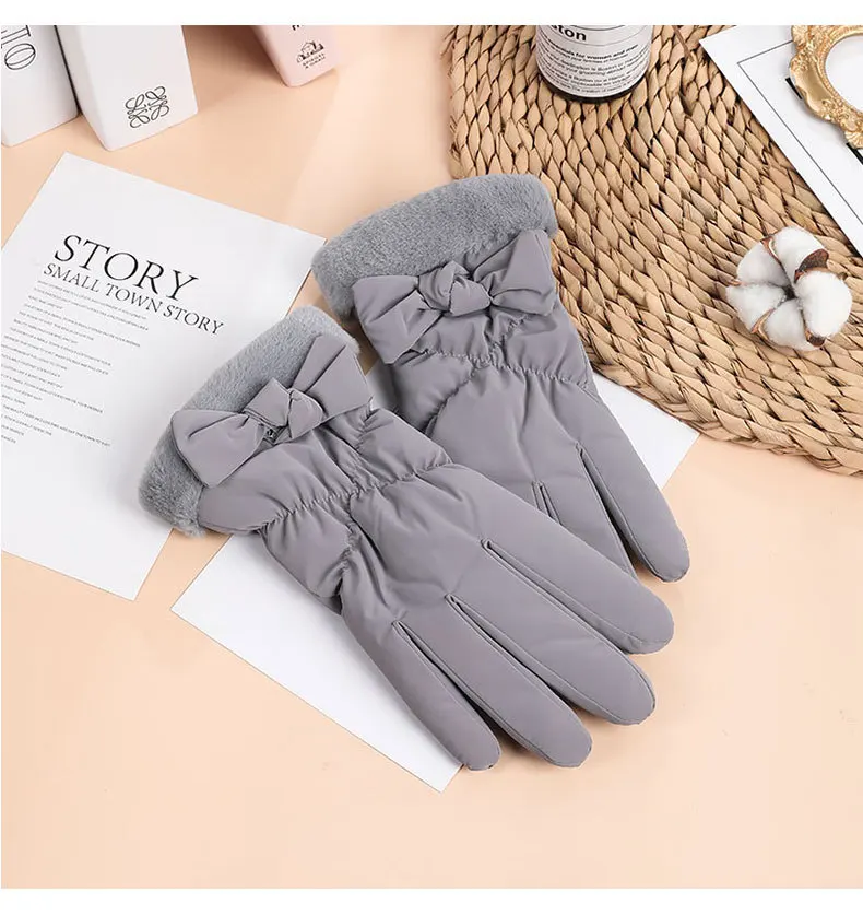 Warm Fleece Windproof Waterproof Elegant Bow Women Pink Gray Screen Touch Hand Gloves