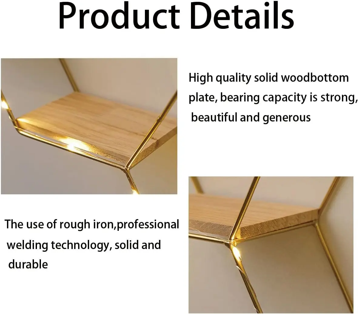 Hexagon Floating Shelves Wall Decor Gold Metal Wire and Wood Wall Mounted Storage Shelf