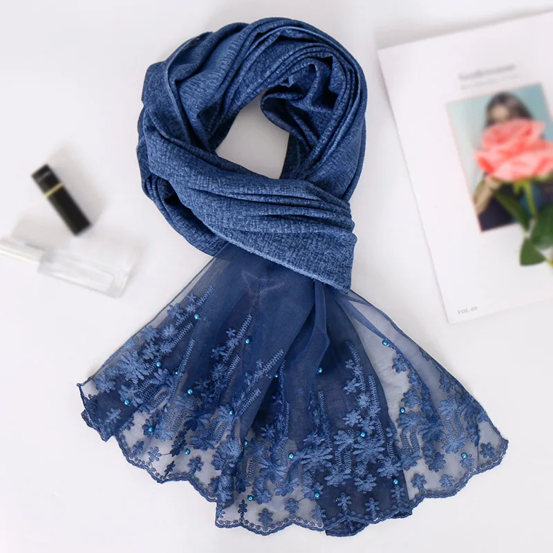 New Design Women Fashion Lace Hijab Shawls Cotton Pearl Beads Scarf Muslim Hijab Ladies Flower Wraps Headwear