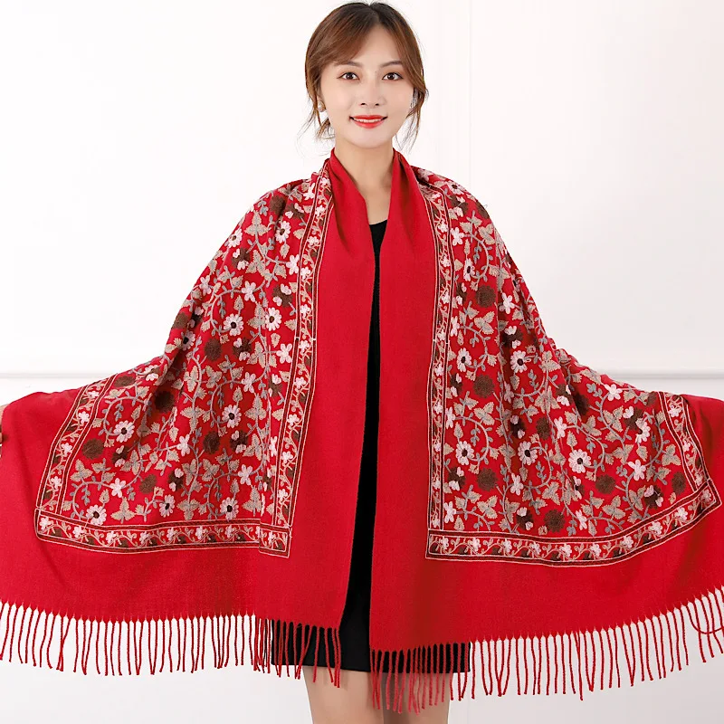 Factory supplies Ginkgo biloba embroidered shawls girls winter scarf set embroidered scarf pashmina shawls