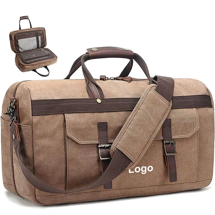 Canvas tote bags with custom printed logo women leather duffle bag for men travel weekend carry-on luggage