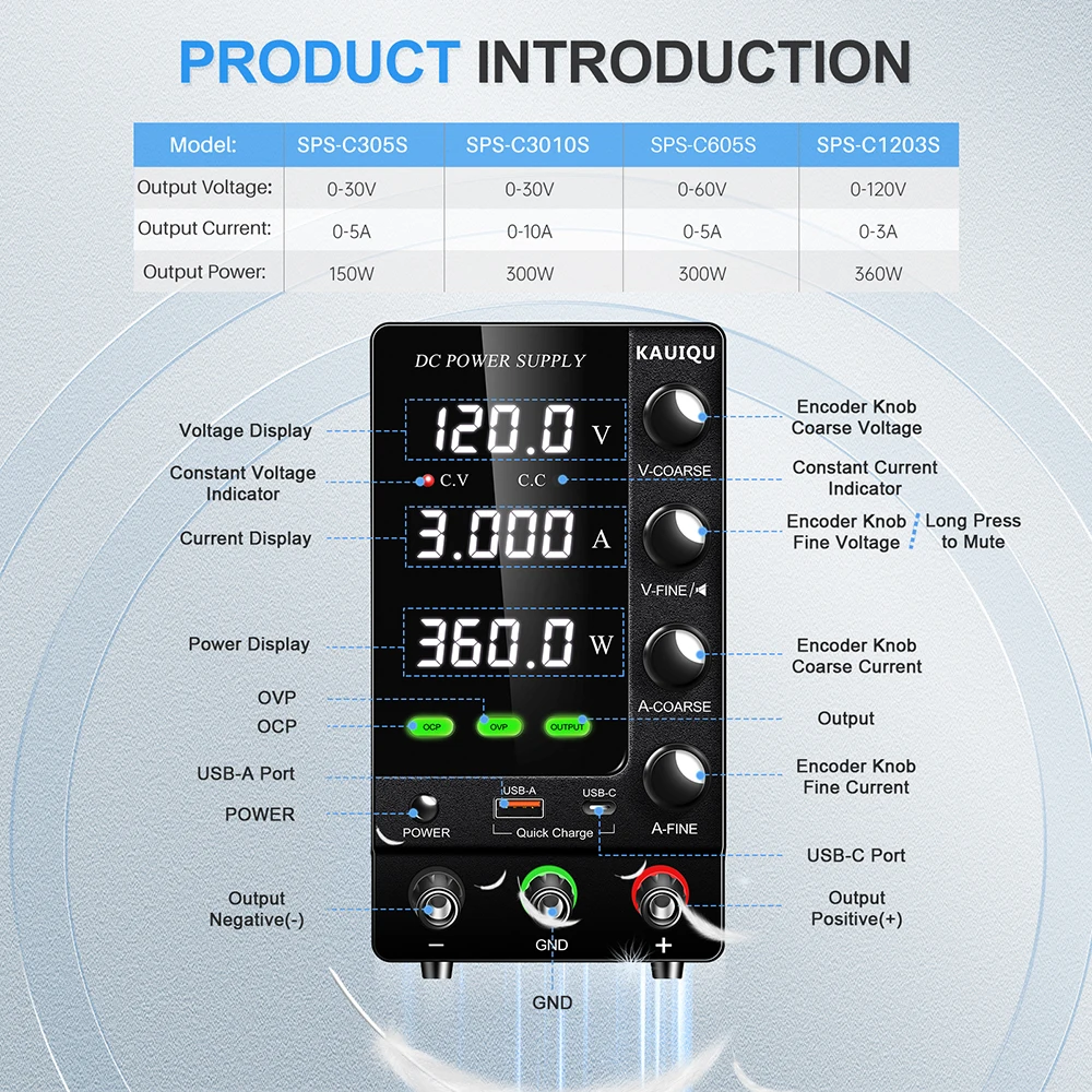 KUAIQU SPS-C1203S 120V 3A 360W OCP OVP DC Lab Power Bench LCD Display with Output Switch USB and Type-C Fast Charging