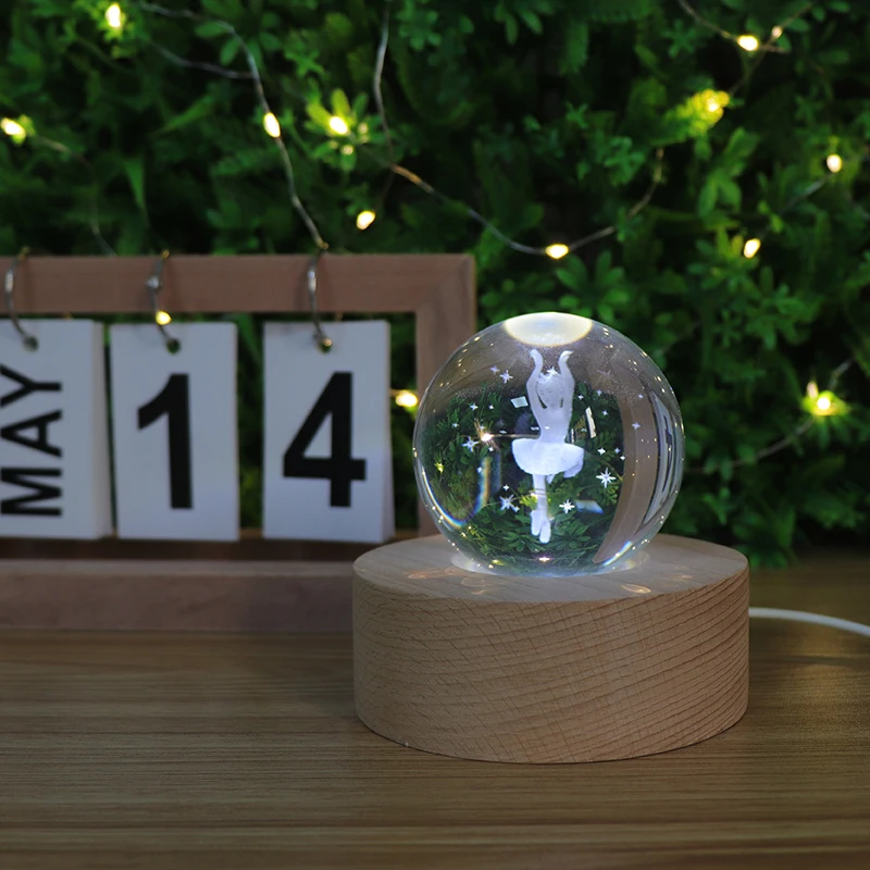 Ballet Girl 3d Art Crystal Ball Night Lamp Wooden Mood Lamp With Usb Cable Lampara De Noche