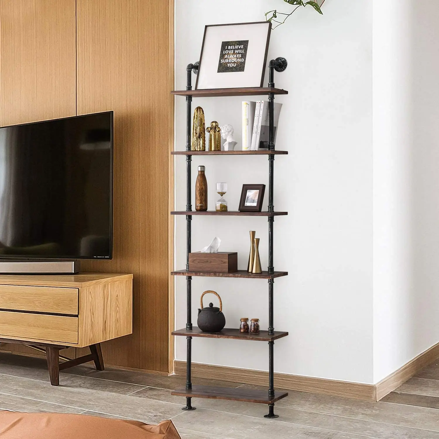 Living Room Furniture 6 Tier Ladder Book Shelves Metal Wooden Bookcase