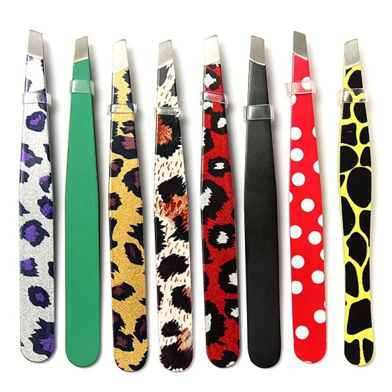Leopard Print round Eyebrow Tweezers Stainless Steel Cosmetic Tool with Slanted Tip