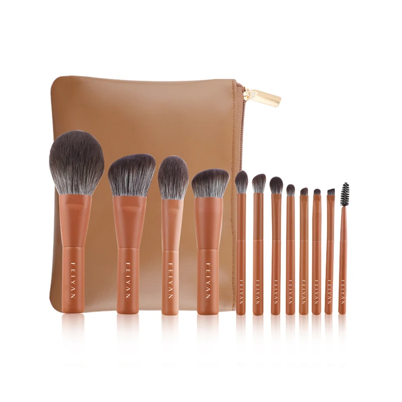 HMU High Quality Soft Fluffy Synthetic Hair Brown Makeup Brush Custom Vegan Make-up Brush Set With Brown Makeup Brush Holder