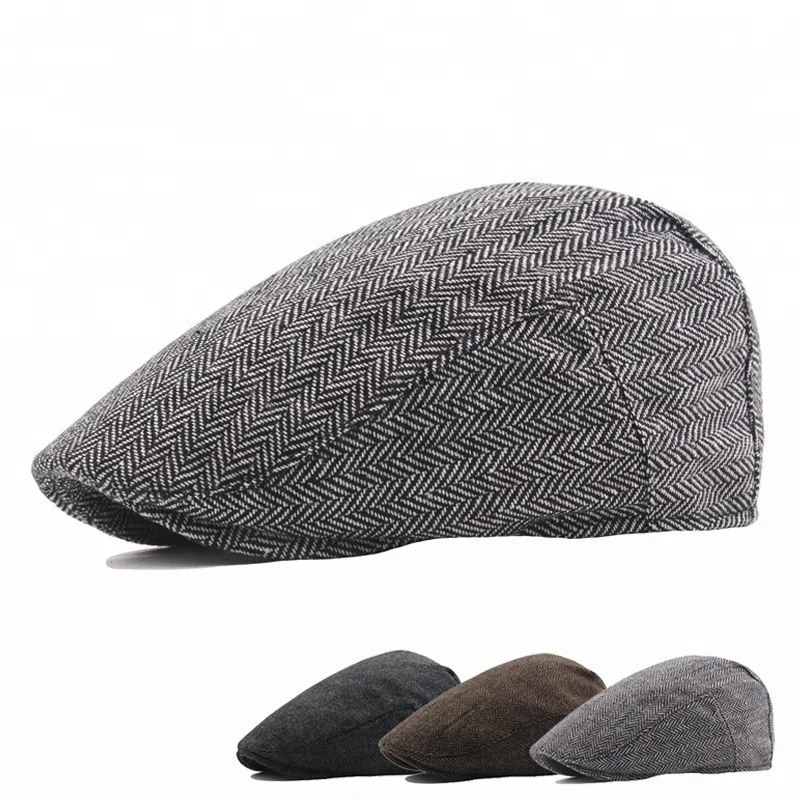 Custom Design Wholesale Cut and Sewn Tweed Hats Spring Autumn Herringbone Beret Hat Cabbie Wool Flat Top Ivy Cap for Men 0