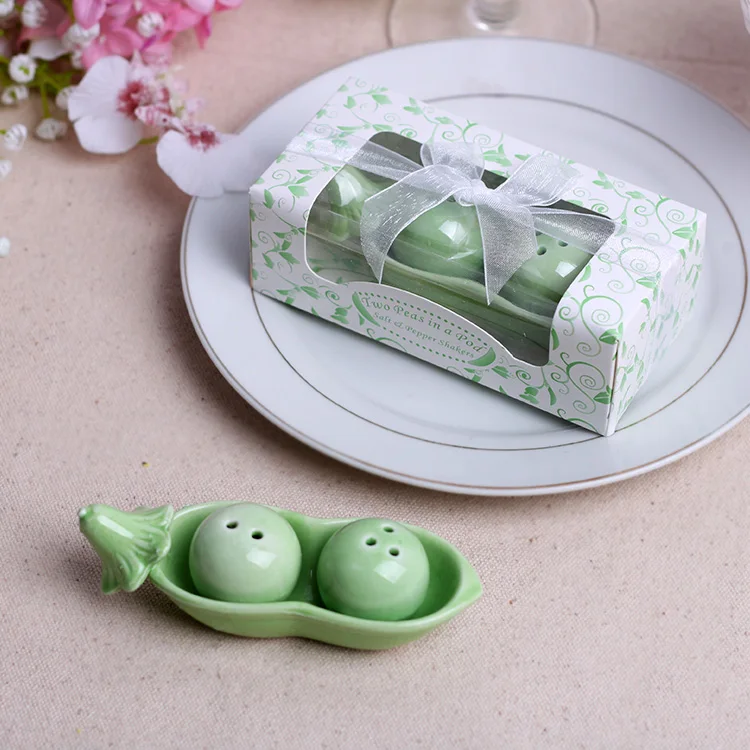 Wedding Gift Two Peas in a Pod Ceramic Salt & Pepper Shakers in Ivy Print Gift Box