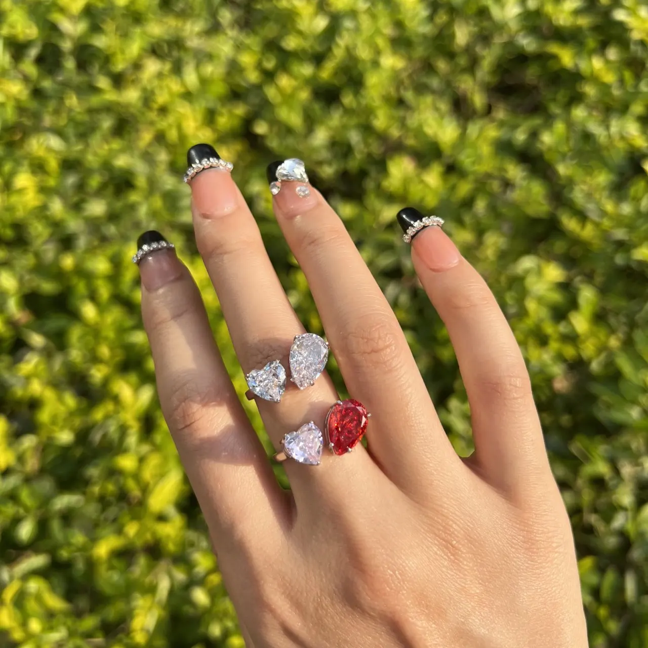 Dylam Ins Kyliejenner Same Style Hottest Heart Cut Adjustable Open Pear Cut Stones 8a Zircon You and Me Double Stone Ring Set