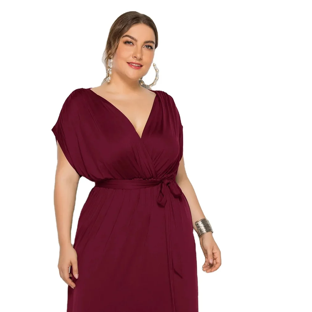 New sexy solid color V-neck loose big swing dress