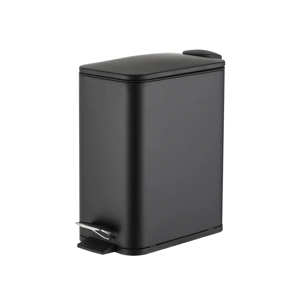 high quality modern design stainless steel 5L silver soft close slim lid square foot pedal trash can