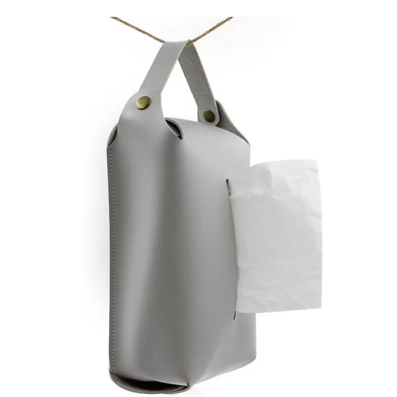 Factory Made Wholesale PU Leather Tissue Box Cover With Detachable Handle Hanging Paper Tissue Mask Box Holder For Car