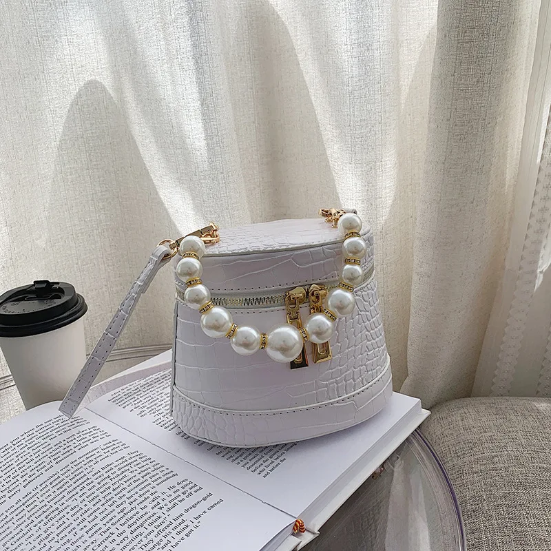 New Arrival Ladies Mini Crocodile Pattern Pu Crossbody Women Pearl Handle Bucket Hand