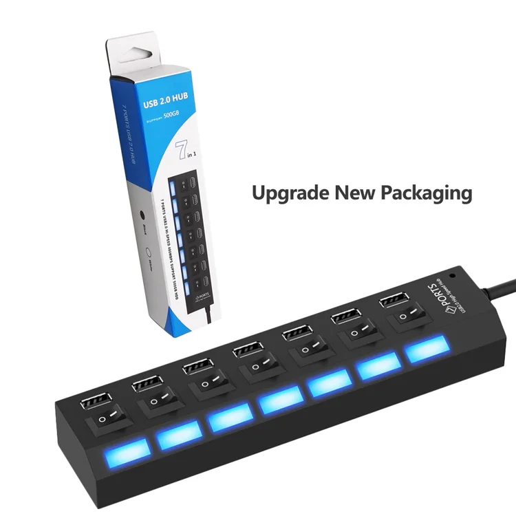  Обновленная новая упаковка многопортовый usb-концентратор 2 0 адаптер Высокоскоростной 7-портовый концентратор USB с переключателем вкл/выкл портативный