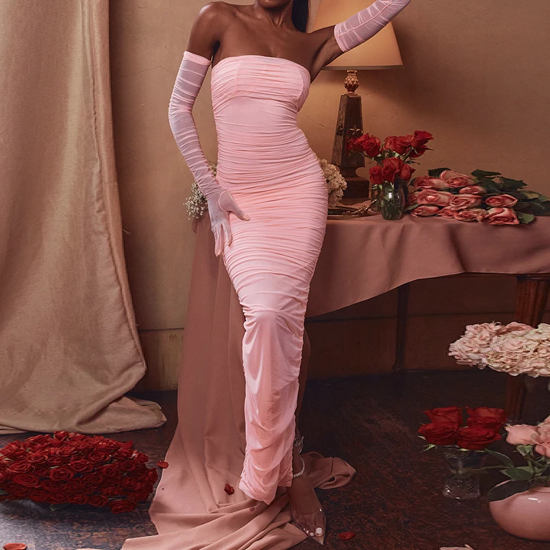 Women Custom High Quality Dress Fairy Pink Mesh Maxi Evening Dress Pink Formal Dress custom women clothing