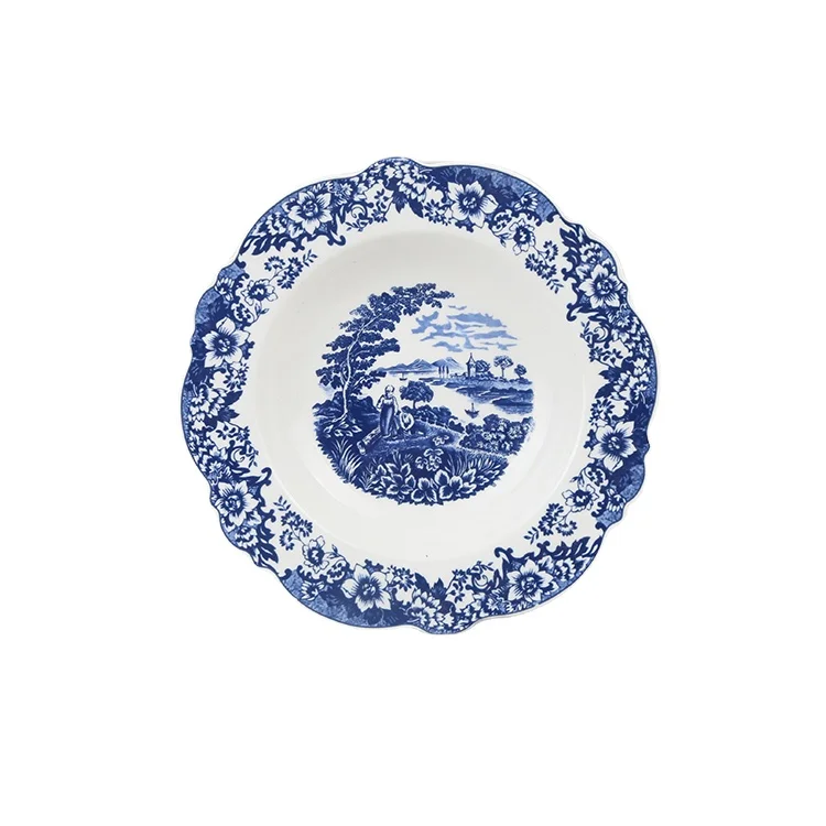 Hot selling ceramic dinnerware set with blue flower  luxury gold rim dinnerware plate